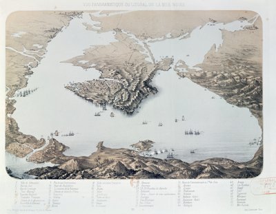 Vista panorâmica e plano de Sevastopol e da costa do Mar Negro na época da Guerra da Criméia, 1855 de French School