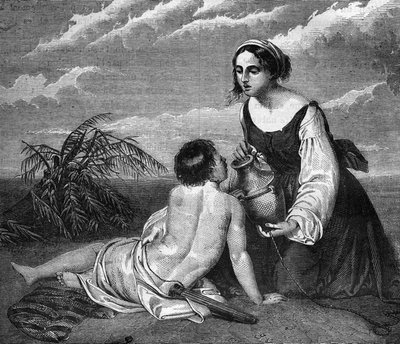 Roma papal: Agar, servo de Abraão, gerou um filho para ele, cuja esposa Sarai não pode ter filhos. Ela será caçada no deserto com a criança e encontrará água graças a um anjo. Gravando em "A história da prostituição e do deboche entre todos os povos de French School