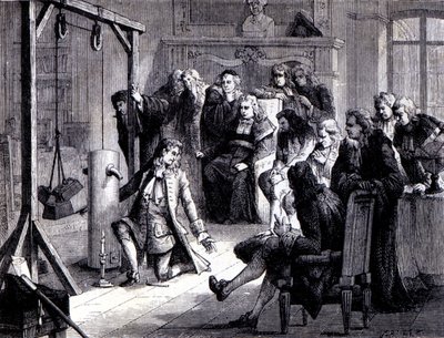 Papin (1647 - 1714) experimenta com sua máquina de pó diante dos professores da Universidade de Marburg - no "Álbum de Ciências; cientistas ilustres; Grandes descobertas" 1896. de French School