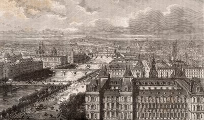Paris - o Sena - as pontes - vista da torre Saint-Gervais - gravura em "La France illustree: geography, history, statistical administration" de V.-A. Malt-Brown. 1884 de French School