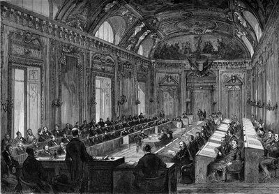 Paris, 4 de Agosto de 1871: primeira reunião do conselho municipal na Sala do Trono do Palácio do Luxemburgo. Gravura no "Le Monde Illustré" n°748 de 12 de Agosto de 1871. de French School