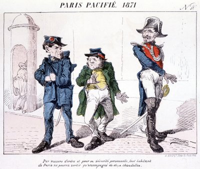 Paris Pacified 1871 - Como medida de ordem e segurança pessoal, cada residente de Paris só pode sair com duas velas. Desenho animado sobre a Comuna. de French School
