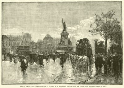 Paris durante a Exposição, a Place de la Republique, o ponto de partida dos carros para a Exposição, num dia de chuva (gravura) de French School