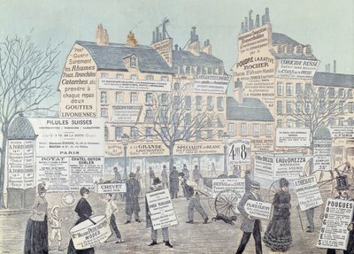 Rua de Paris Cena com muitos anúncios, principalmente para medicamentos, 1885 (gravura colorida) de French School