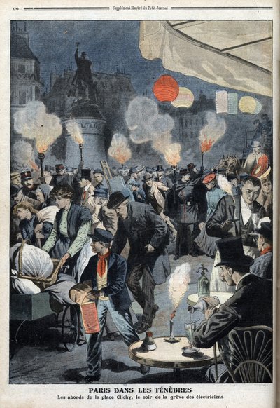 Paris na escuridão - Os arredores do lugar Clichy, a noite da greve dos eletricistas - "Le petit Journal", março de 1907 (gravura) de French School