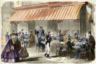 Paris, no século XIX. O boulevard des Italians em 1859: fora do café Helder, às cinco horas da noite. de French School