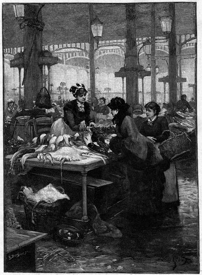 A cena parisiense no século XIX: um comerciante de peixe e um cliente na central de Halles. Gravura de Derbier da pintura de Gilbert. Final do século XIX. Em "As capitais do mundo": Paris". de French School