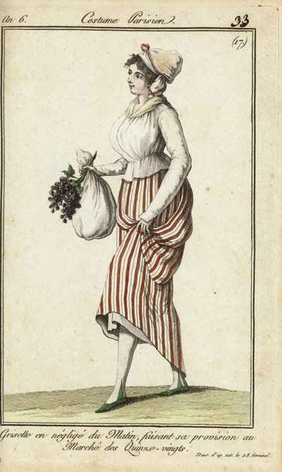 Loja-menina parisiense em vestido casual de manhã, 26 de Março de 1798 (gravura em chapa de cobre colorida à mão) de French School