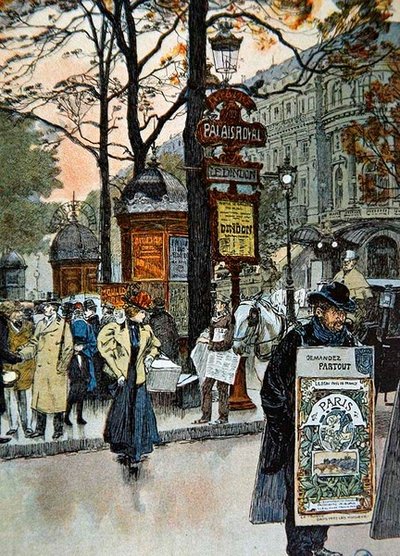 Cena parisiense de rua perto da estação de metro do Palais-Royal, c.1900 (cor litho) de French School