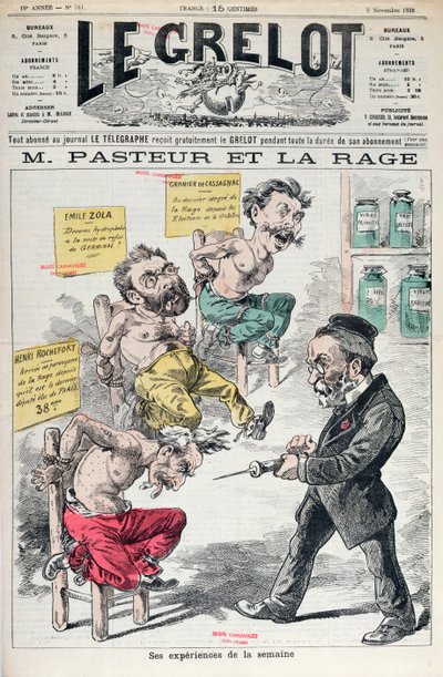 Pasteur e Raiva, caricatura dos experimentos de Louis Pasteur (1822-95) de Le Grelot, 8 de novembro de 1885 de French School