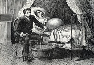 Paciente com cirrose hepática avançada, médico realizando uma punção (gravura) 1888 de French School