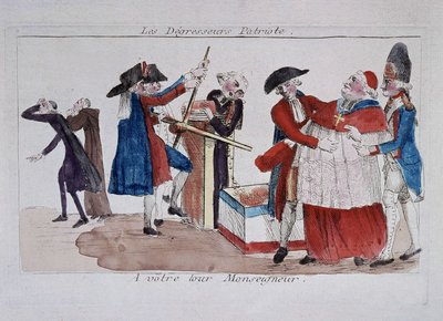Varreduras Patriota: comissários que passam clero numa prensa para emagrecer, finais do século XVIII de French School