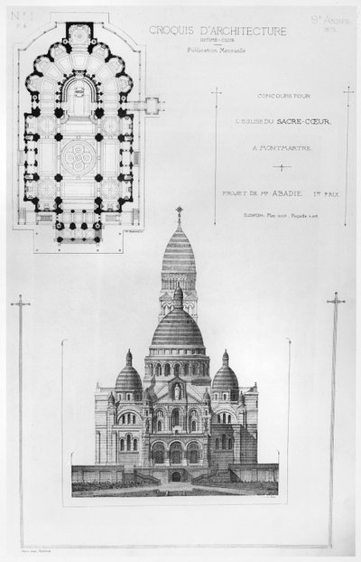 Paul Abadies ganha design no Concurso para o Design do Sacré-Coeur em Montmartre, da arquitectura Croquis, 1875 de French School
