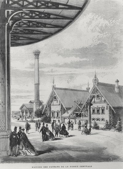 Casas camponesas no pavilhão russo na Exposição Universelle de 1867 (litho) de French School