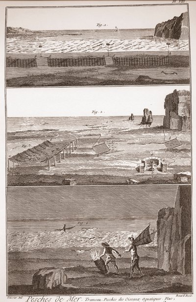 Peche de Mer - Trameau - Waterbird Fishing - "The Great Encyclopedie, ou Dictionnaire Raisonne des Sciences, des Arts et des Metiers" (Enciclopédia ou Dicionário das Ciências, Artes e Profissões) por Denis Diderot (1713-1784) e Jean d