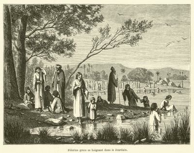 Peregrinos gregos banhando-se no rio Jordão (gravura) de French School