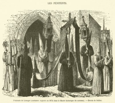 Penitentes de Limoges, figurinos exibidos em 1874 no Musee historique du costume (gravura) de French School