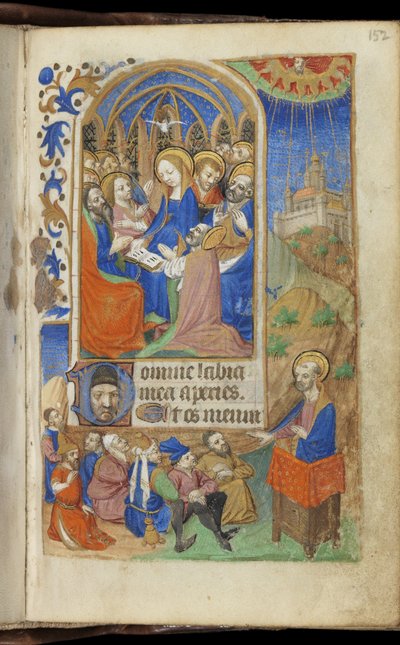 Pentecostes e uma cena de pregação, Livro das Horas (Uso de Paris) (tinta e cor em pergaminho) de French School