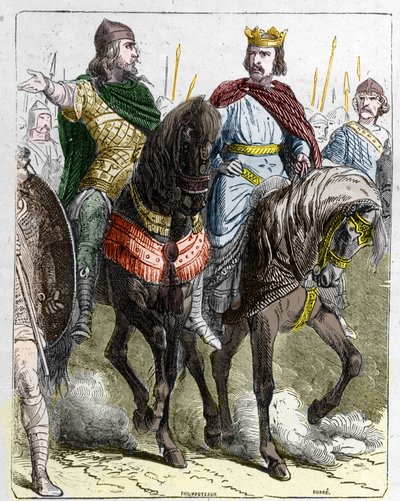 Pepin II de Herstal, conhecido como Pepin le Gros ou Pepin le Jeune (645 -714) com Clovis III, rei dos Francos de 691 a 695. de French School