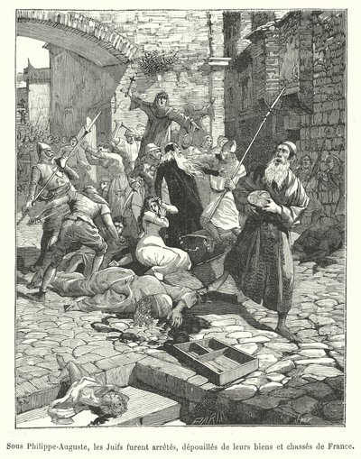 Perseguição de judeus franceses durante o reinado do rei Filipe Augusto, no final do século XII (gravura) de French School