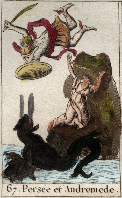 Representação Persee vindo ao resgate de Andromede encadeado a uma rocha (Perseus salva Andromeda encadeado a uma rocha) de "Mythologie de la jeunesse" de Pierre Blanchard 1803. de French School