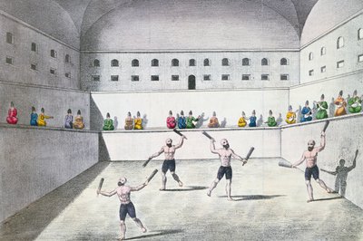 Atletas persas exercitar em um ginásio, c.1820 (gravura de cor) de French School