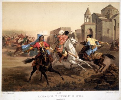 Skirmish persa e curda na Armênia - litografia de French School