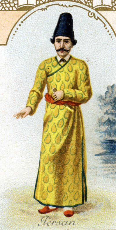 Homem persa . Edição da litografia parisiense, final do século XIX. Série de 25 cromos publicitários para a fabricação Dijon de Biscoitos Pernot, criada em 1869. Detalhe dos personagens em traje tradicional. de French School