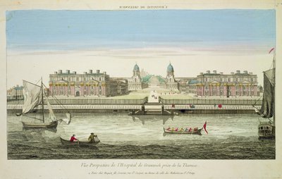 Vista em perspectiva do hospital de Greenwich, no Tamisa, gravado por Huquier (gravura de cor) de French School