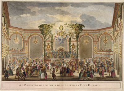 Vista em perspectiva do interior da sala da Place Dauphine (gravura a cores) de French School