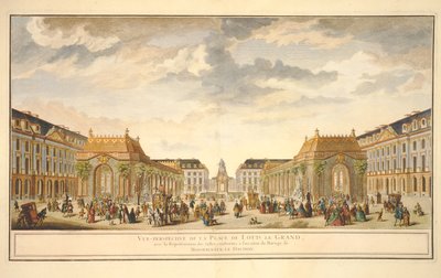 Vista em perspectiva da Place de Louis le Grand com os quartos construídos para a ocasião do casamento de Monseigneur le Dauphin (gravura a cores) de French School