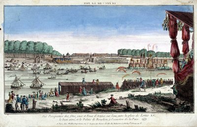Perspectiva de festas, jogos e fogos de artifício sobre a água, entre a Praça Luís XV e o Palácio Bourbon, por ocasião da Paz de French School