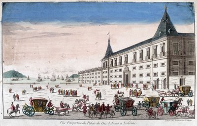 Vista panorâmica do Palácio do Duque de Aveiro em Lisboa - gravura de French School
