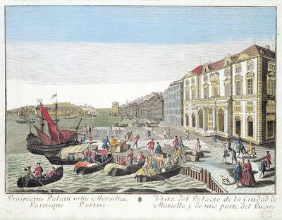 Vista em perspectiva da Câmara Municipal e parte do porto de Marselha, c.1770 de French School
