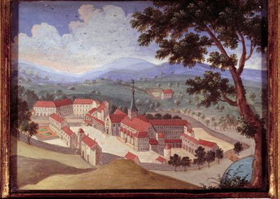Vista de perspectiva da abadia de Port Royal des Champs. Vista do convento de Port-Royal-des-Champs). Pintura anónima do século XVIII. Port Royal, Musee Des Granges. de French School