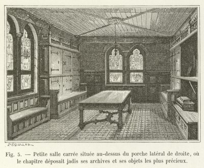 Pequena sala de carree localizada acima da varanda lateral direita, onde o capítulo uma vez depositou seus arquivos e seus objetos mais preciosos de French School