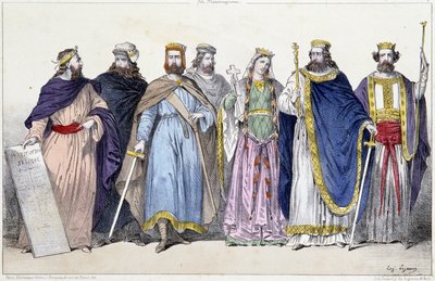 Pharamond, Clodion, Merovee, Childeric, Clotilde, Clovis 1st e Childebert 1st - em "La monarchie francaise en estampes". de French School