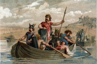 Pharamond atravessou o Reno com guerreiros Francos, e tornou-se o primeiro Duque dos Francos Salianos de 420 a 428. Cromolitografia por volta de 1890. de French School