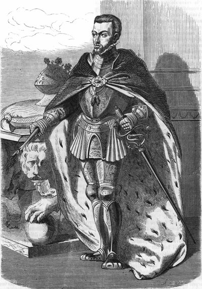 Filipe II (1527-1598), Rei de Espanha. Em "Histoire Populaire de la France", sd. circa 1885. Gravura. de French School