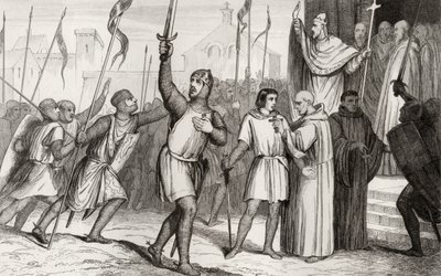 Filipe I (1052-1108) e o papa Urbano II (c. 1035-99) reuniram seguidores para a Primeira Cruzada em 1095, de &39;Histoire de France&39; de Colart, publicado em 1840 de French School