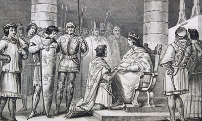 Filipe VI (1293-1350) de Valois presta homenagem a Eduardo III (1312-77) da Inglaterra, mas apenas como Duque de Aquitânia, de &39;Histoire de France&39; de Colart, publicado em 1840. de French School