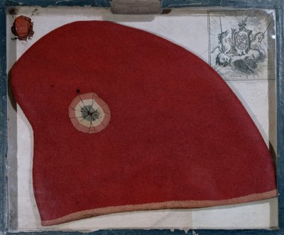 Cap frígio com um cockade vermelho, branco e azul do período da Revolução Francesa (feltro) de French School