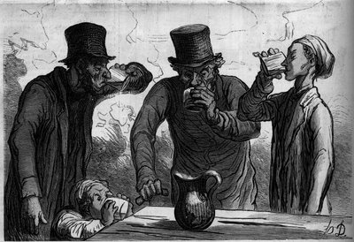 Fisiologia do bebedor: as quatro idades. Cartoon de Honore Daumier (1808-1879). Gravura em "Le Monde Illustré" n°289 de 25 de outubro de French School