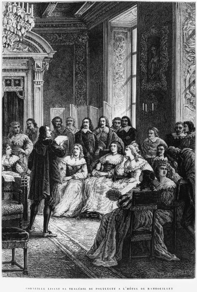 Pierre Corneille (1606-84) lendo Polyeucte no Hotel de Rambouillet, c.1880 de French School