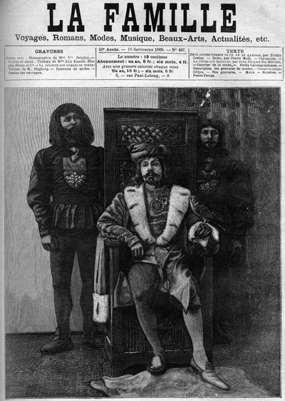 Pierre Loti em traje Louis XI recebendo seus convidados em seu castelo durante uma festa em uma decoração da época de Louis XI. Capa de "A Família", de 1888. de French School
