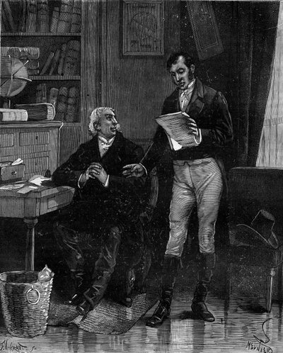 Pierre Simon de Laplace (1749-1827), astrônomo, matemático e físico francês, comunicando seu próprio trabalho sobre os problemas de Euler a Jean-Baptiste Biot. em "Histoire populaire des sciences, inventions et discoveries from the first centuries to the p de French School