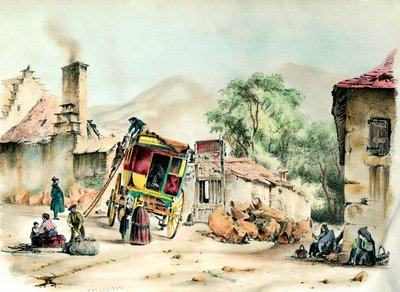 Diligência de Pierrefite A chegada da diligência que liga Pierrefite a Paris. Gravura da coleção privada de 1836 de French School