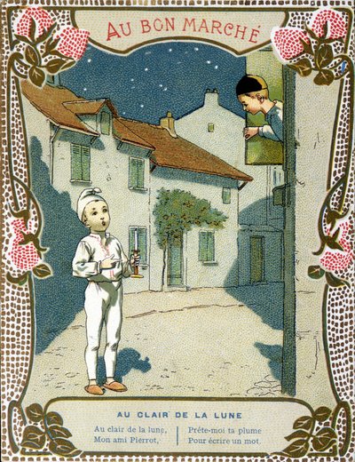 Pierrot com a vela, "Au clair de la lune" - rótulo de "Le Bon Marché". de French School