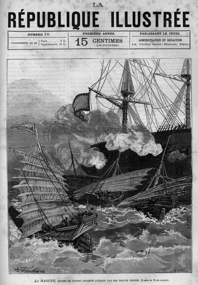 Pirataria: o navio de guerra Annamite "La Magune" atacado por piratas chineses. Um jornal. Gravura de 1880 na colecção privada "La republique illustree". de French School