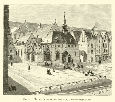 Place du Parvis, no século XV, e entrada para o Hotel-Dieu de French School